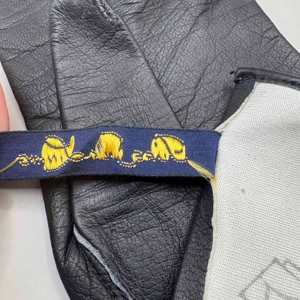 VTG Leather Gloves‎ Black Embroidered Pure Silk Lined Made in France XS 7 NOS